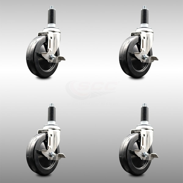 5 Inch 316SS Soft Rubber Swivel 1 Inch Expanding Stem Caster Set Brake SCC